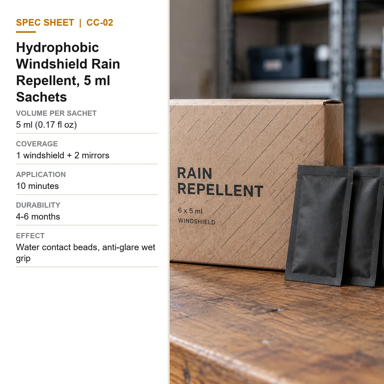 Hydrophobic Windshield Rain Repellent, 5 ml Sachets